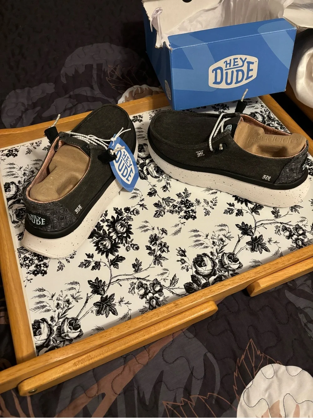 Hey Dude Black Canvas Slip-On Loafers with White Laces - Picture 2 of 4
